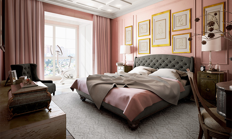 Bedroom design in grey and pink bedroom design with boiserie and a pink accent wall