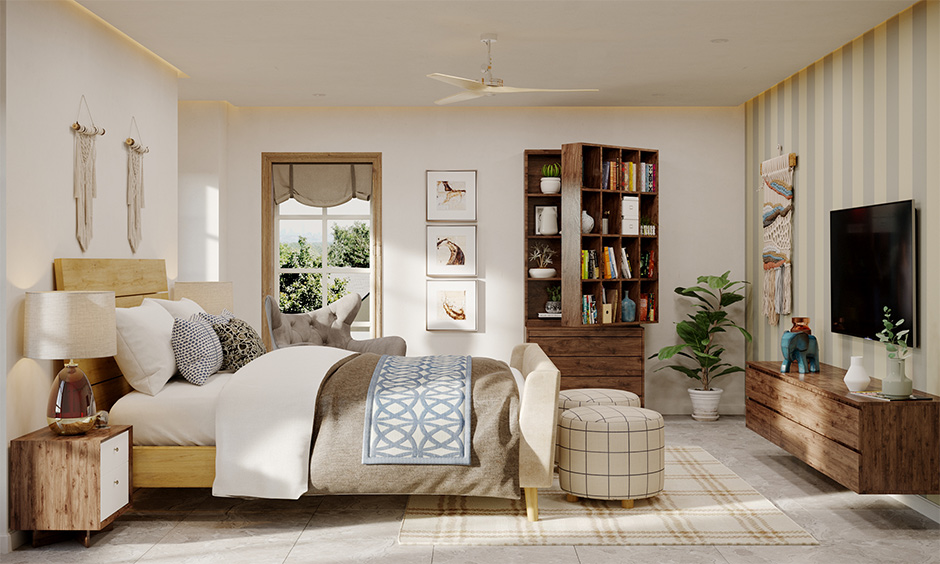 A cozy mid-century modern bedroom design idea with simple wooden furnishings blends well