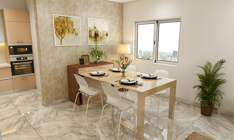 Folding contemporary dining table with concealed storage, functionality and aesthetic appeal