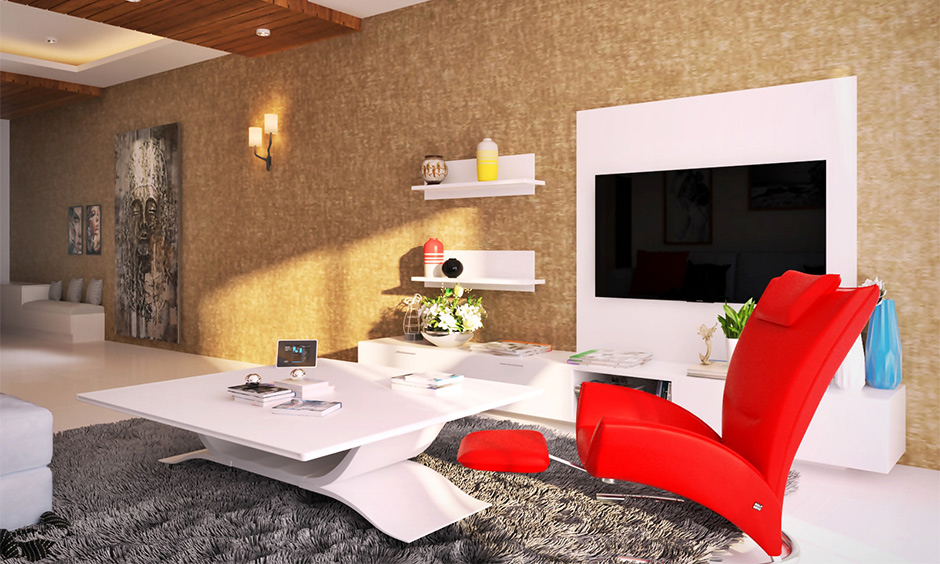 Infuse earthiness in living room with wooden false ceiling which can be bought ready-made