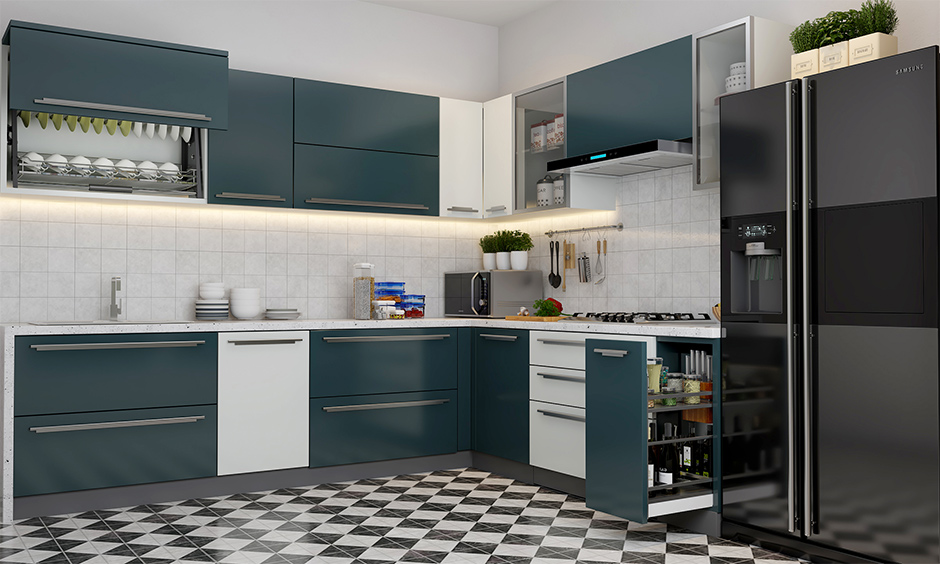 A kitchen with a trending contemporary home interior design and white tiled backsplash gives it a clutter-free look