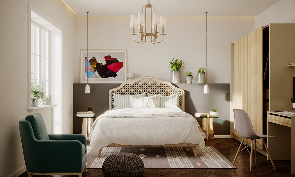 A mid-century modern bedroom set with a jaali headboard comes with a cream colour scheme