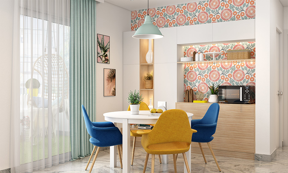 Mid-century modern dining room set in bright colours is perfect for a small dining area