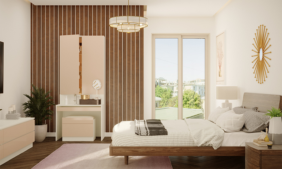 A mid-century modern master bedroom with a slant wooden headboard adds an urban touch