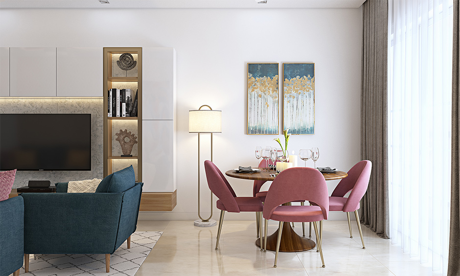 A round mid-century modern dining table chairs with the warm textures of woodChic colours uplift an MCM dining table design