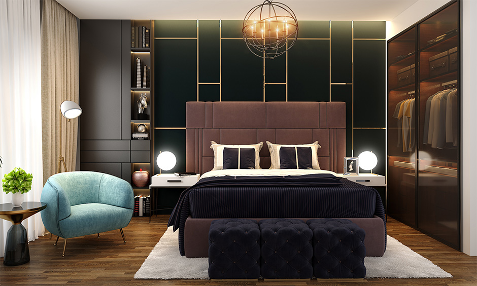 The luxurious bedroom's sleek and spacious black tinted glass wardrobe looks modern