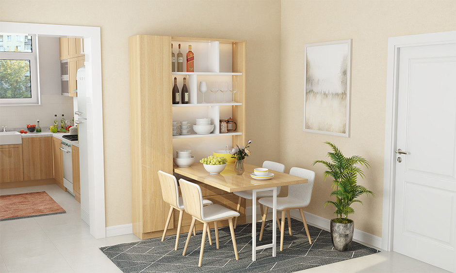 Small dining table 4 seater for small spaces with elegant wall-mounted crockery unit