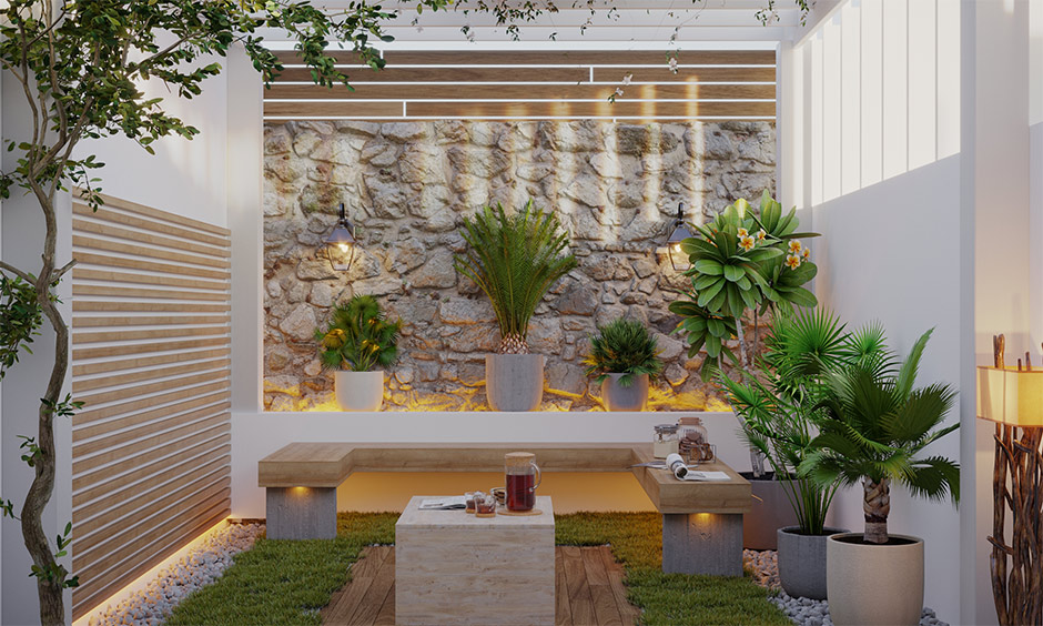 Small interior courtyard design for urban homes and with natural elements