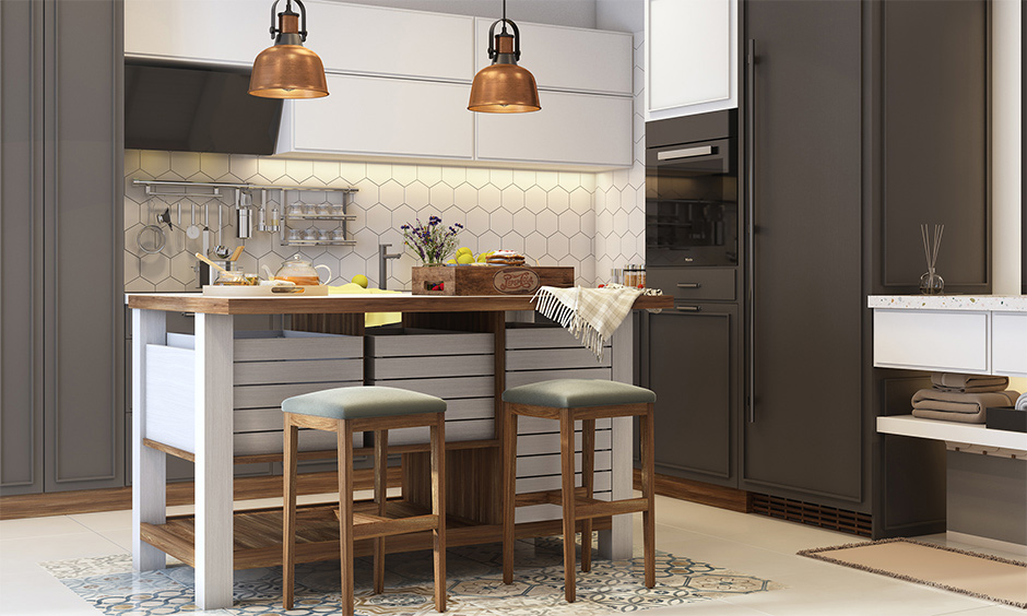 A small kitchen with upholstered bar stools is lightweight and makes them easy to move.