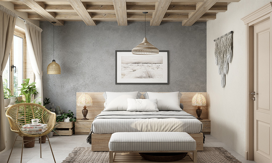 A Spanish style bedroom with wooden rafters recreates the authentic spanish mission style home