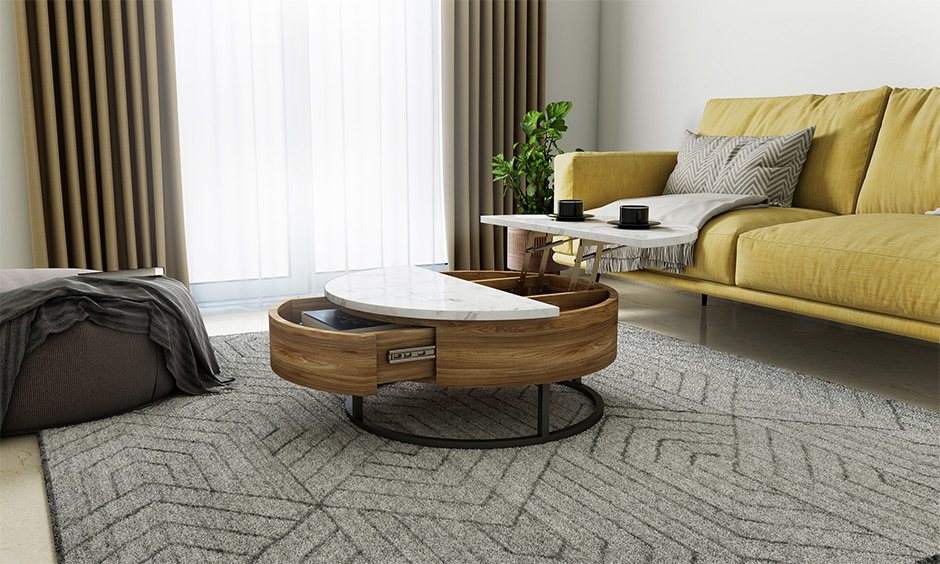 A wooden round coffee table with storage fits anywhere in the living room