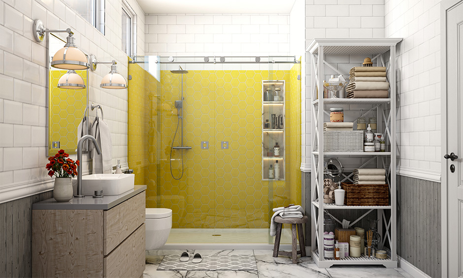 A yellow bathroom wall with Scandinavian design and accents adds vibrance to the entire bathroom interiors