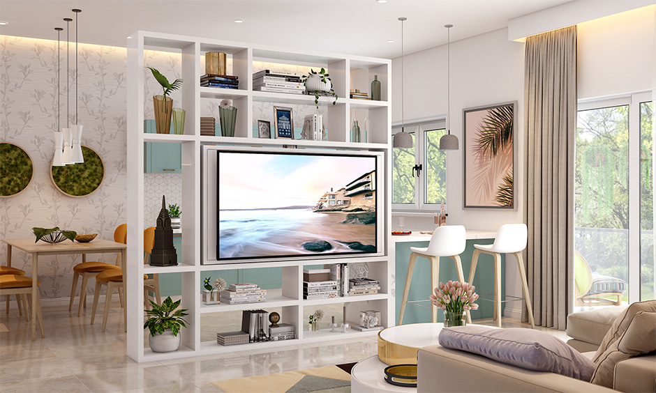 A family living room with a swivelling tv unit for large families