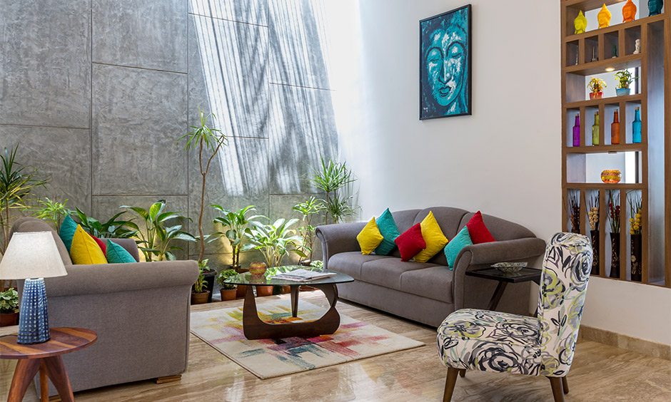 Art and decor in a blue and white living room where indoor plants give the space its serene undertone 