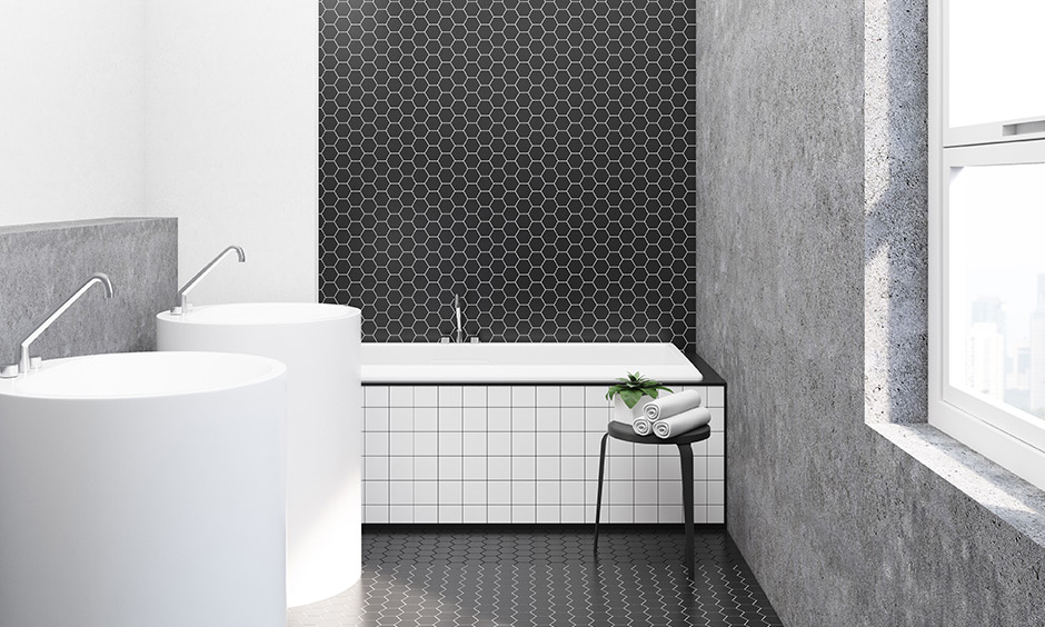 Black tile bathroom in minimal look with the white and grey colour combination