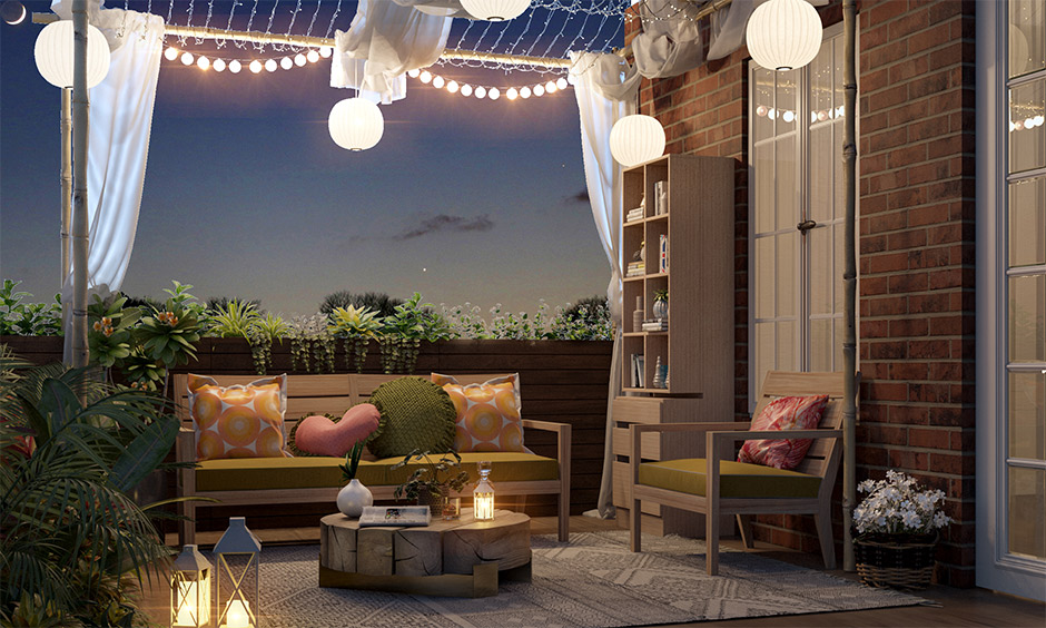 A cozy apartment patio design with vertical plantation and stunning furniture makes the environment serene and comfy