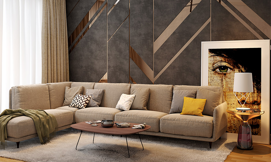 An eclectic living room design in beige and brown-themed