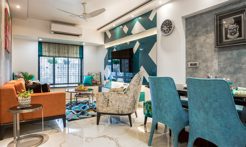 Mumbai flats interior design with a stunning living room with peppy tones