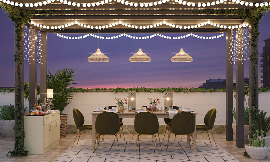 Laid-back patio design with dining furniture and decorative lights is dazzling