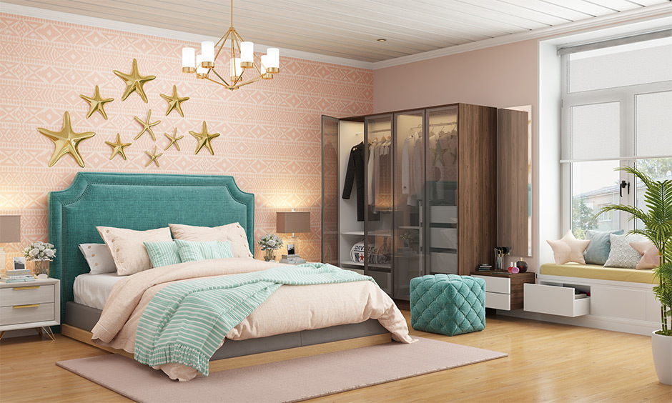 Peach pastel bedroom interiors with metallic accessories which throws lend a breezy vibe to the space