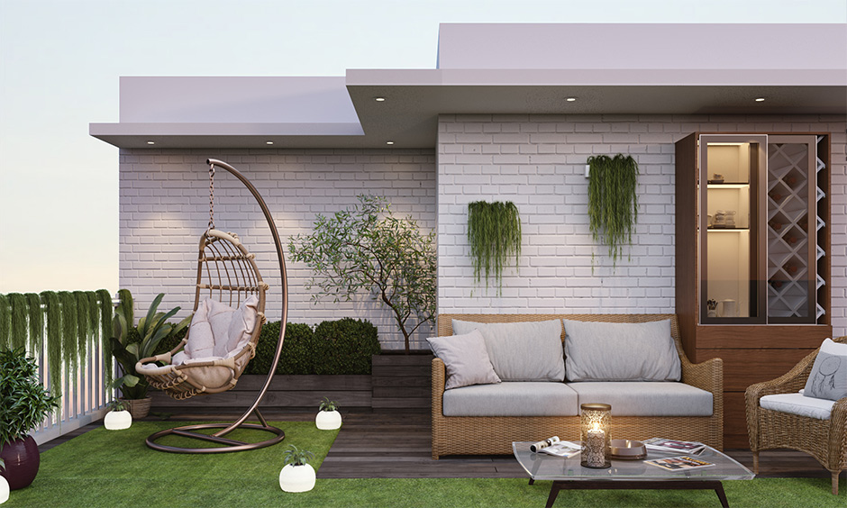 Backyard patio design with rattan furniture, bar cabinet, and swing, making it elegant