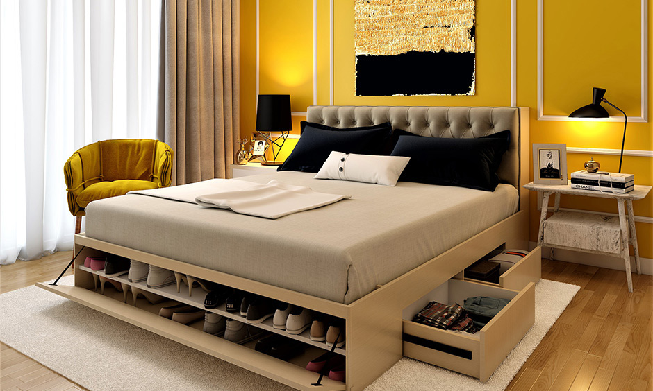 Swanky shoe rack storage bed design with a well-designed storage bed is a boon in a bedroom