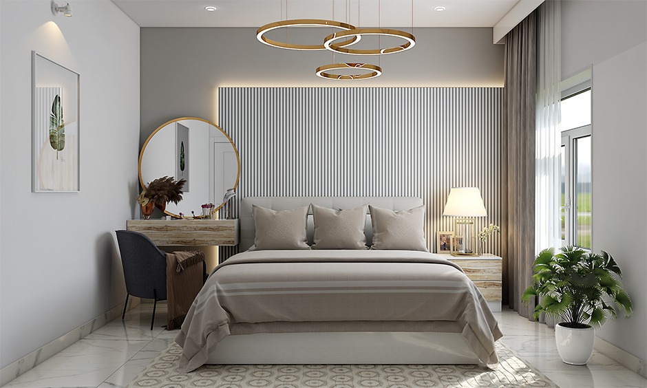 Symmetrical balance in bedroom interior design with furniture in similar finishes