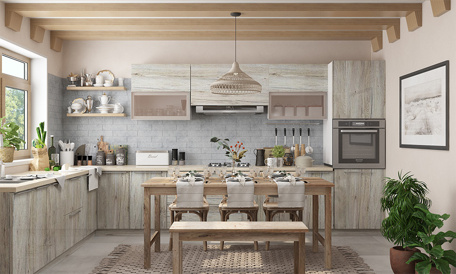 Symmetrical balance in design with wood finish laminates throughout the overhead and base kitchen units