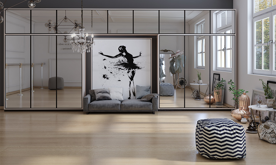 Wall-to-wall rectangle designer mirrors make a room seem double in size