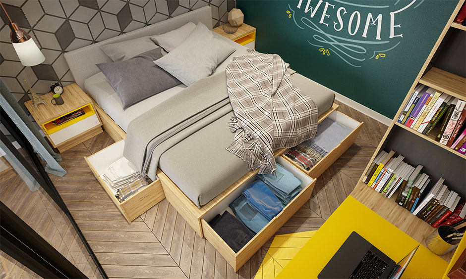 Wooden bed design with storage for small spaces with multiple easy-to-use drawers offers more space 