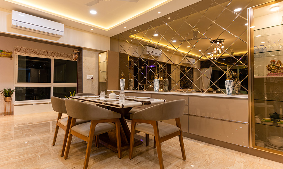 3bhk interior designers in south Mulund, Mumbai, designed dining area with tons of storage space