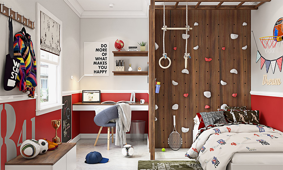 Cool boys bedroom idea with a room divider and indoor activity zone is essential for your kids to be physically active