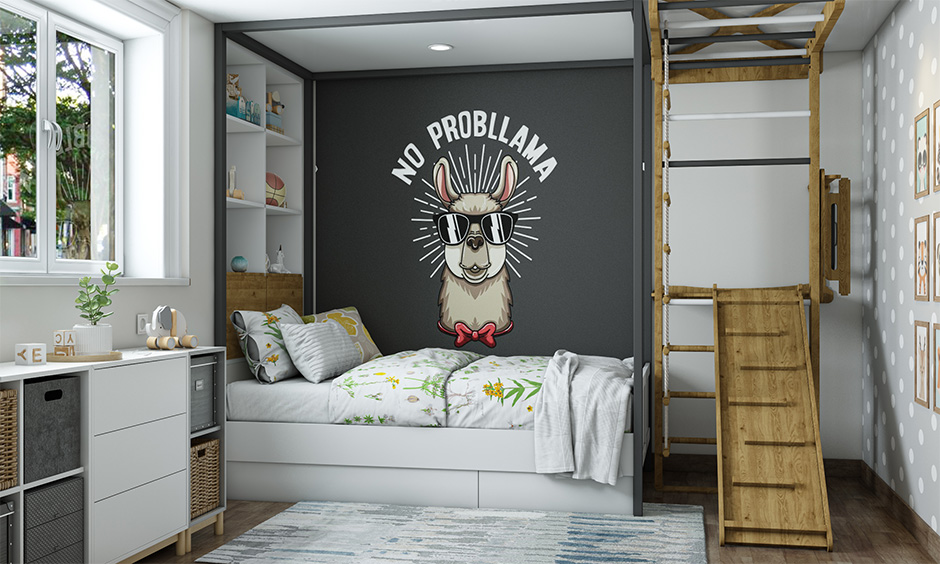 A cool bedroom idea with a funky wall decal makes the kid's bedroom stand out