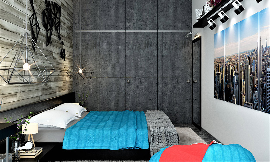 An eclectic bedroom design with an urban theme and bright accent colours adds freshness to the space