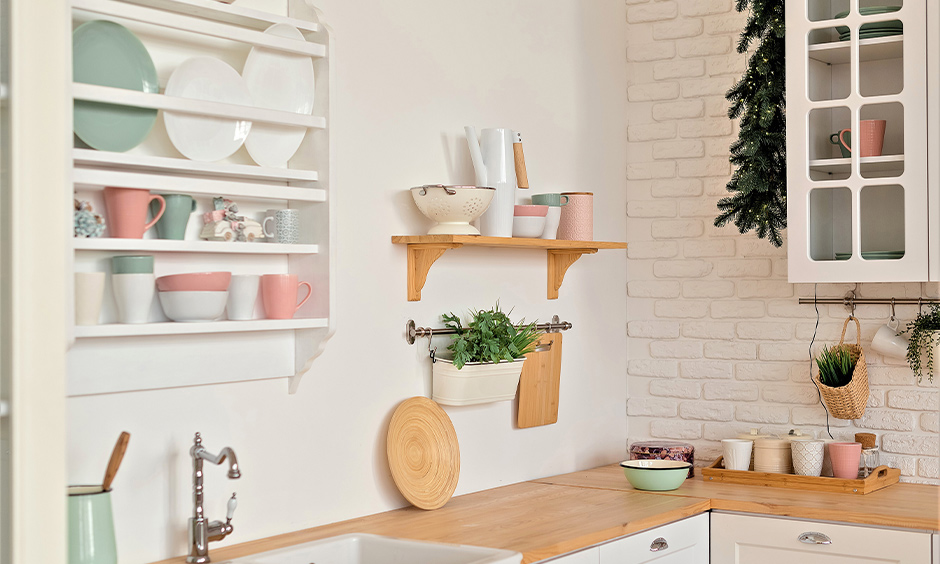 Install floating shelves on the empty kitchen wall ideas for jars or potted plants