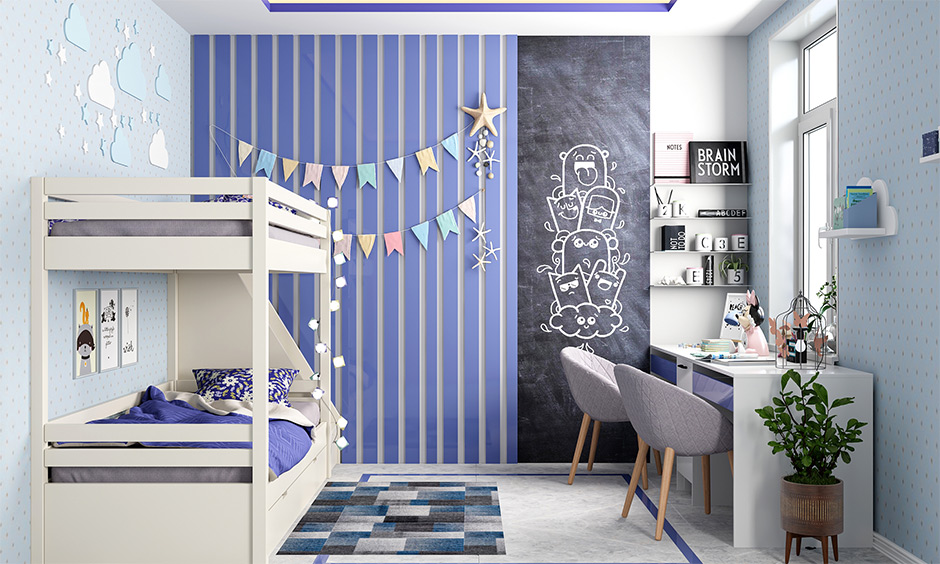 Kids' bedroom with study table with two chairs makes space perfect for working parents with kids