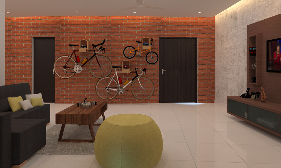 A large living room with an orange brick wall design adds an ambience of enchantment and royalty