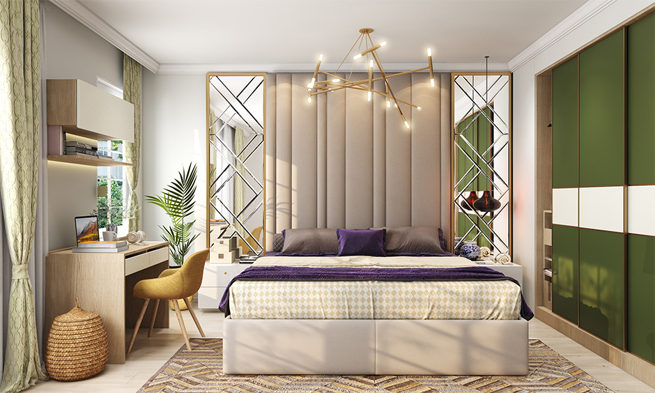 Luxury home interior for bedroom room with mirror panel on the wall amplifies the beauty of the room’s interiors