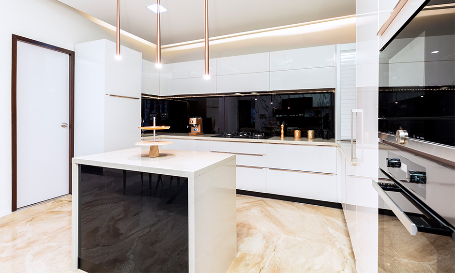 Luxury home interior on a budget for kitchen with white acrylic cabinets and a glossy black dado adds aesthetic value