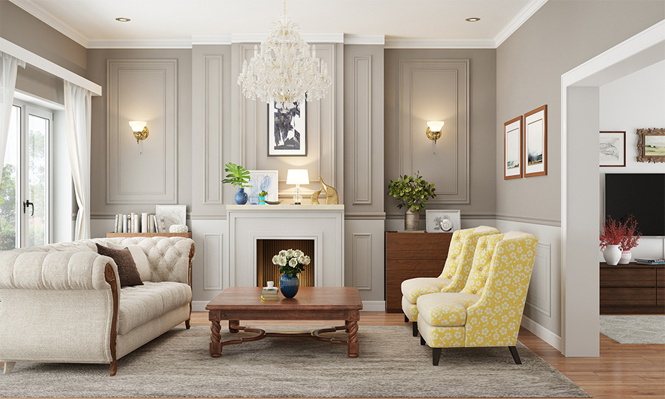 Modern victorian living room idea with moldings and fireplaces lends a present-day Victorian vibe