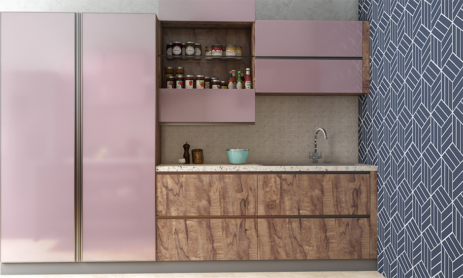 Modular kitchen overhead cabinets design with bi-fold split shutters