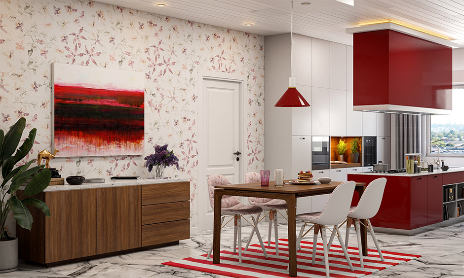 Open kitchen island with breakfast counter idea in red and white, creating a striking contrast