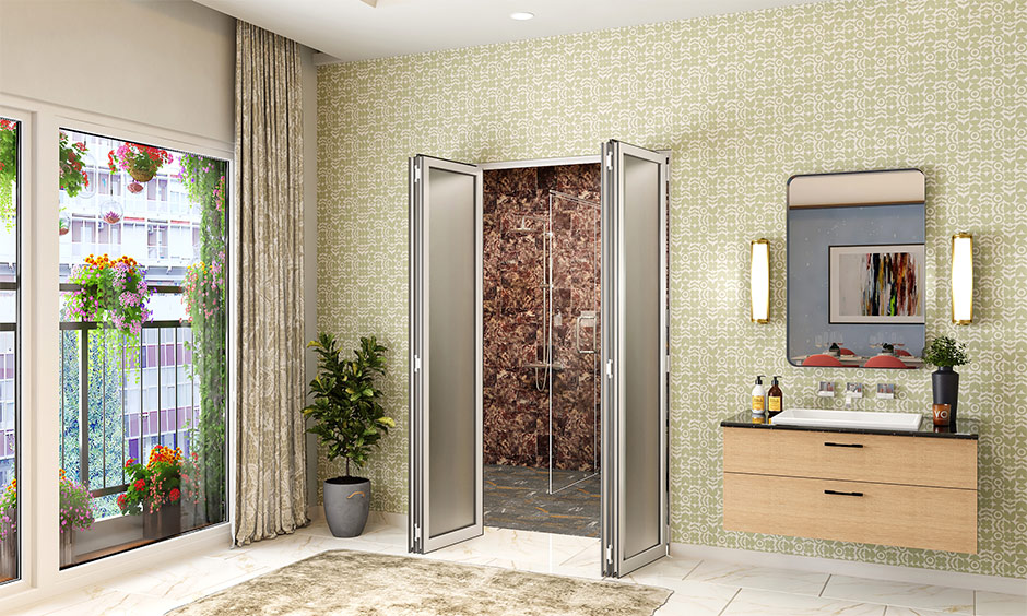 Aluminium door design for bathroom with a cool folding detail