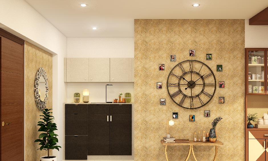 Unique wall clock design with photo frames lends subtle eclectic touch