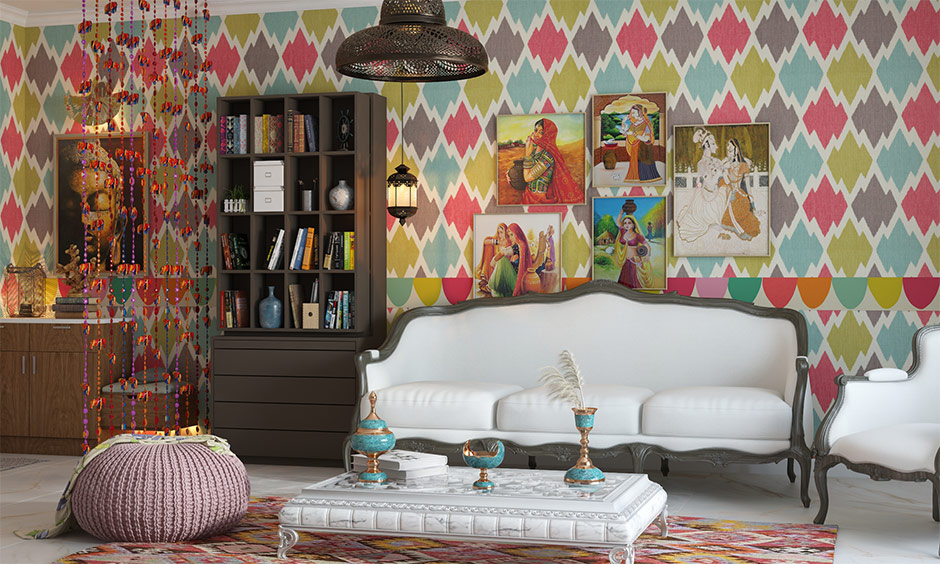 White traditional curved sofa stands out in colourful room