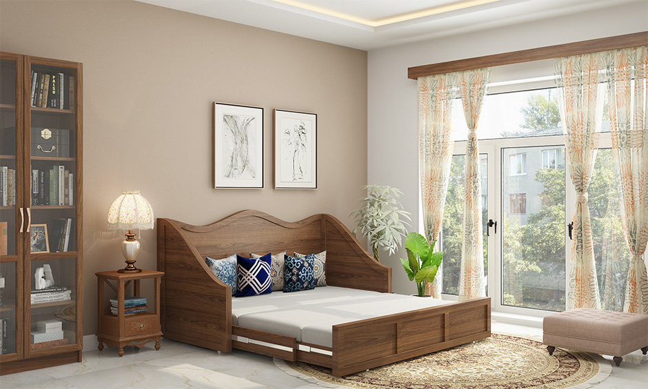 Wooden white living room brown sofa cum bed for small rooms