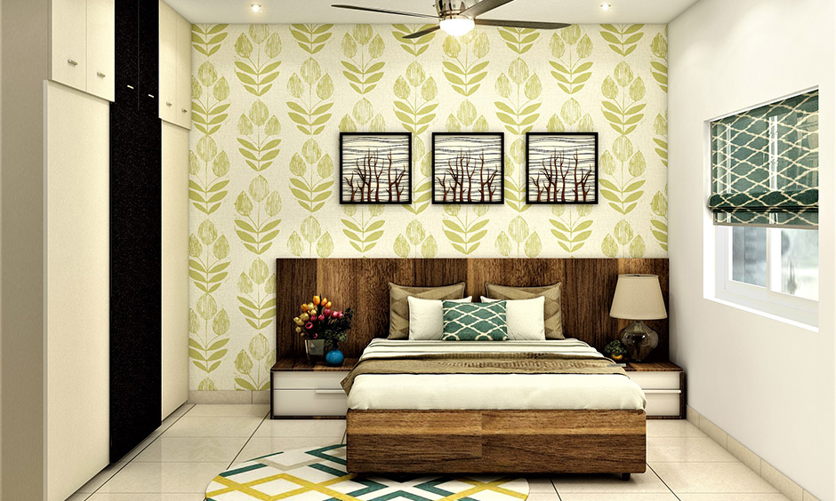 Coastal-inspired bedrooms with leaf-patterned wallpaper