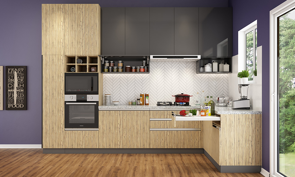 Kitchen design for short person with diagonal lift-up shutter thus can be opened and closed quickly