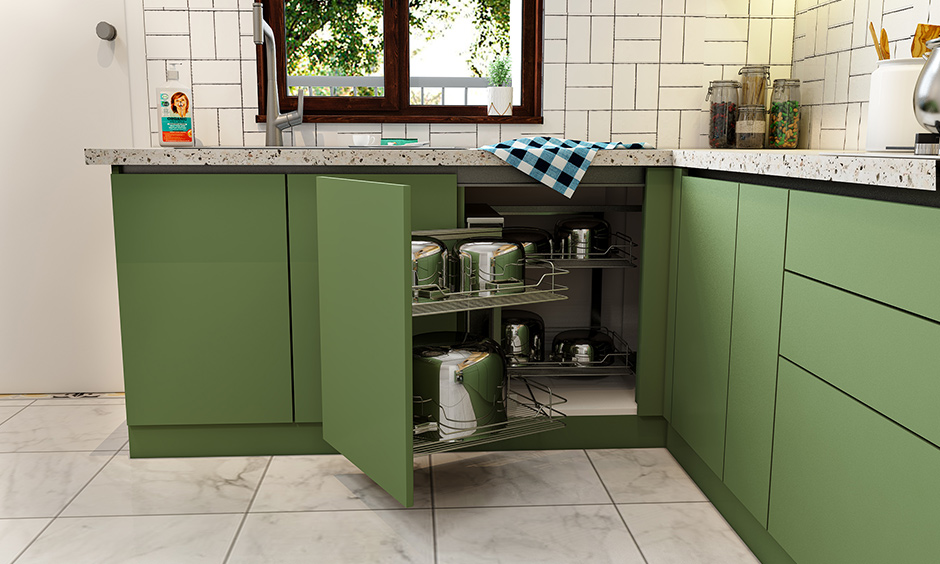 Kitchen design for short person with magic corner unit helps access difficult areas