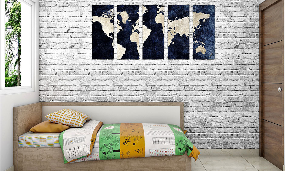 Modern coastal bedroom with world map as wall art